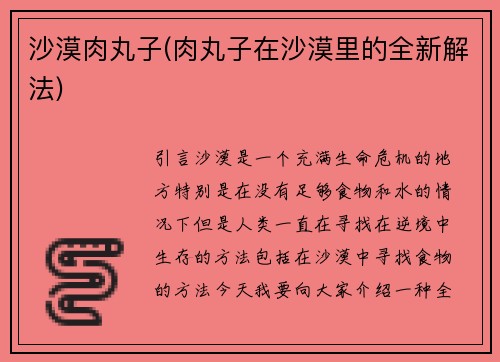沙漠肉丸子(肉丸子在沙漠里的全新解法)